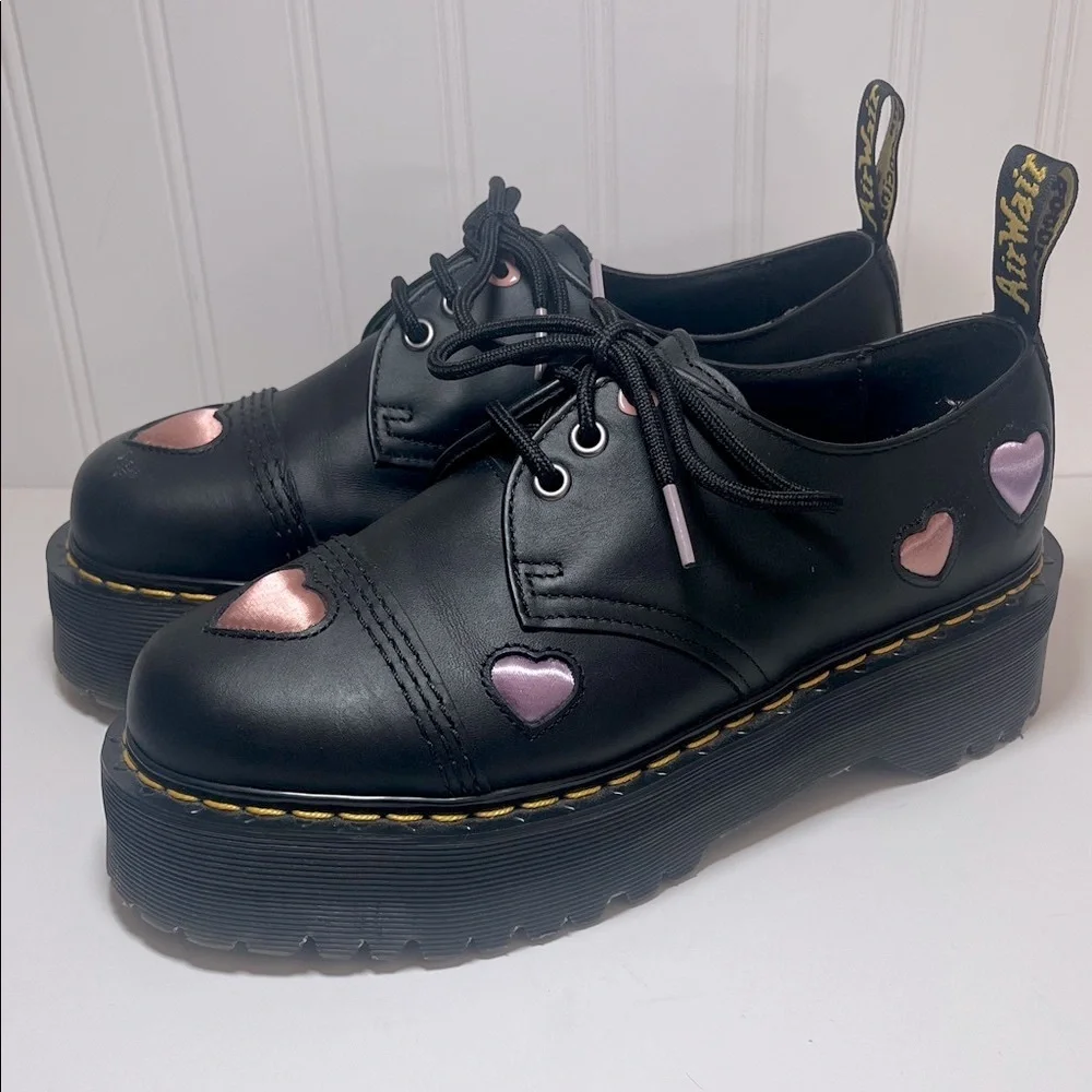Dr. Martens 1461 Quad Heart Platform Shoes with Pink Heart Accents